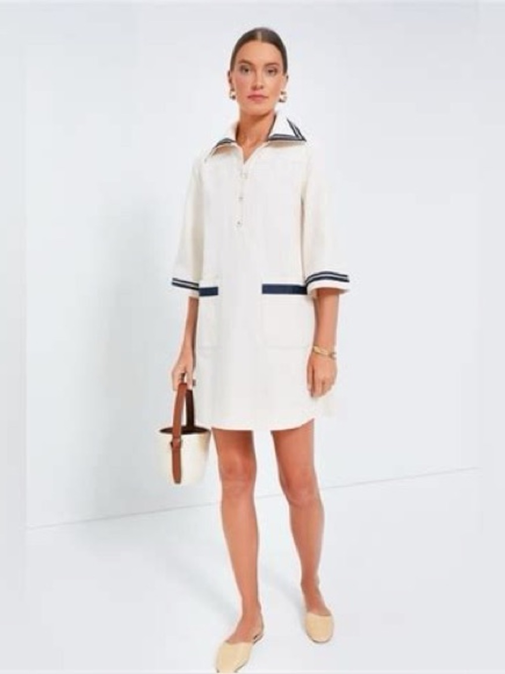 Pomander Place Cream Navy Nautical Sailor Shift Mini Dress (L)